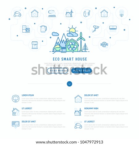 Eco smart house in mountains with wind generator and electrocar concept with thin line icons: solar battery, security, light settings, appliances, mobile app control. Vector illustration.