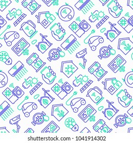 Eco smart house seamless pattern with thin line icons: solar battery, security, light settings, appliances, artificial intelligence, mobile app control. Energy saving vector illustration.