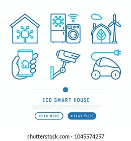 Eco smart house thin line icons set: solar battery, security, light settings, appliances, artificial intelligence, mobile app control, electro car. Energy saving vector illustration.