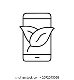 Icono de teléfono inteligente ecológico en línea negra plana, aislado en fondo blanco