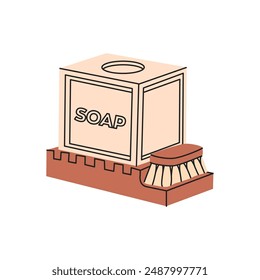 Eco soap with brush. Eco-friendly cleaner. Flat vector illustration of homemade green cleaner ingredients. Green housework stuff. Zero waste housekeeping concept.