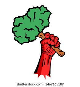 Eco socialism / eco-socialism - socialist red raised fist is holding green tree and plant - ideology, poltics and movement of left ecology. Vector illustration