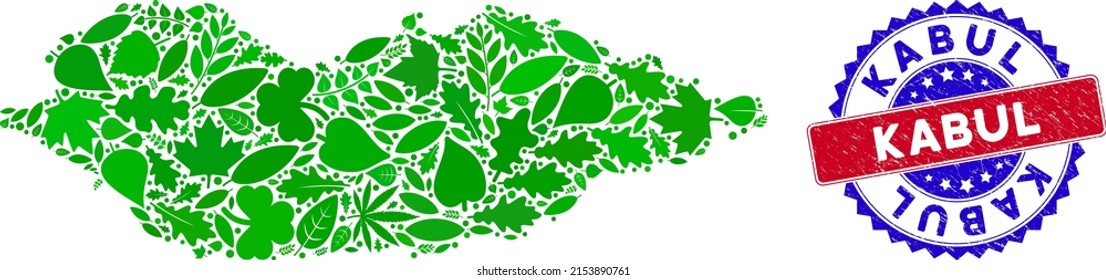 Eco Socotra Island map composition of herbal leaves in green color shades with grunge bicolor Kabul seal. Red and blue bicolored seal with scratched surface and Kabul slogan.