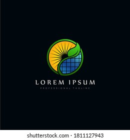 imagen del logotipo del vector del panel de energía solar ecológica. símbolos de sol, hoja verde y vidrio de rejilla aislados en fondo negro