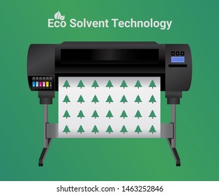 Eco solvent printing. Green ecology concept of printing machine. Large solvent based inkjet plotter printer for printing many products – billboards, posters and roll-ups with eco solvent inks on green