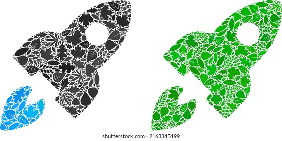 Mosaico de ícono del cohete espacial ecológico de hojas de hierbas en tonos verdes y naturales. Plantilla de vector de entorno ecológico para icono de cohete espacial.