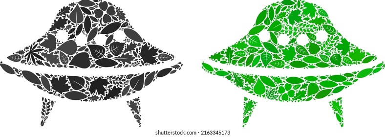 Eco Weltraumschiff Symbol Mosaik von Kräuterblättern in Grün und natürlichen Farbtönen. Umweltökologische Vektorvorlage für das Symbol für Raumschiffe. Das Vektorbild von Weltraumschiffen besteht aus grünen Kräuterelementen.