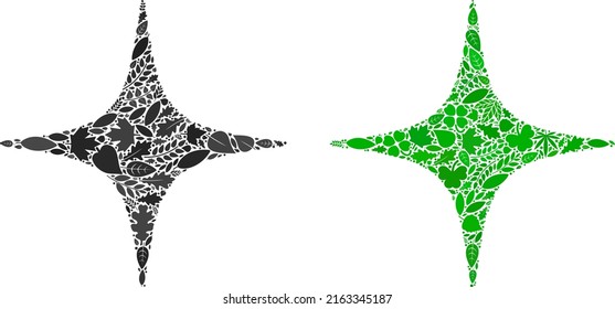 Eco space star icon collage of plant leaves in green and natural color variations. Ecological environment vector template for space star icon. Space star vector image is formed of green herbal items.