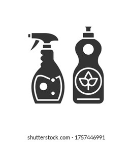 Eco spray and detergent glyph black icon. Cleaning products for bathroom, kitchen. Zero waste lifestyle. Eco friendly. Organic natural cleaners. Chemicals free