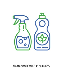 Eco spray and detergent line color icon. Cleaning products for bathroom, kitchen. Zero waste lifestyle. Eco friendly. Organic natural cleaners. Chemicals free. Editable stroke.