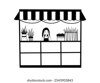 Eco Stand of plants. Market stall in doodle style with a cute sales woman girl. Hand drawn illustration, black line. Fair, stall, stand, market tent