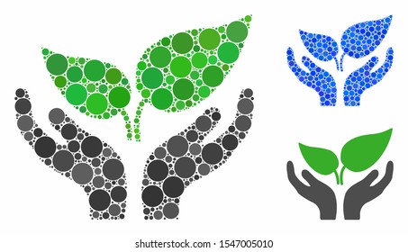 Eco startup care hands mosaic of round dots in different sizes and color tones, based on eco startup care hands icon. Vector round dots are organized into blue mosaic.