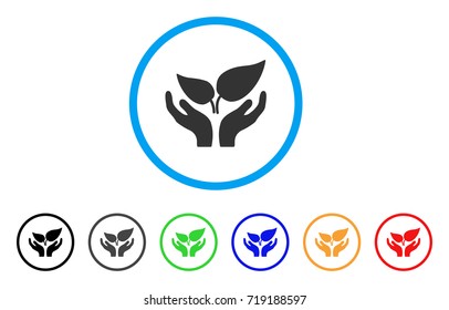 Eco Startup Care Hands rounded icon. Style is a flat eco startup care hands gray symbol inside light blue circle with black, gray, green, blue, red, orange variants.