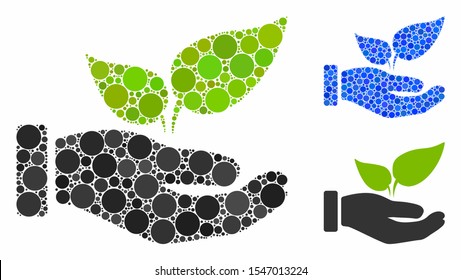 Eco startup hand composition of filled circles in different sizes and color hues, based on eco startup hand icon. Vector filled circles are combined into blue composition.