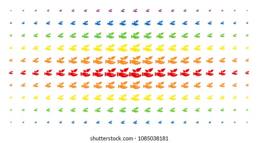 Eco startup hand icon rainbow colored halftone pattern. Vector eco startup hand shapes are arranged into halftone grid with vertical spectral gradient. Constructed for backgrounds, covers,