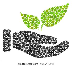 Eco Startup Hand mosaic of dots in various sizes and color hues. Filled circles are organized into eco startup hand vector collage. Vector design concept.