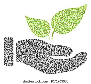 Eco Startup Hand mosaic of round dots in variable sizes and color tinges. Circle elements are united into eco startup hand vector illustration. Dotted vector design concept.