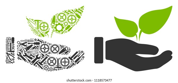 Eco startup hand mosaic of service tools. Vector eco startup hand icon is created of cogwheels, screwdrivers and other service items. Concept of tuning work.