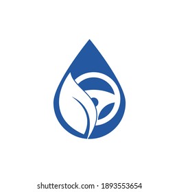 Eco steering wheel drop shape vector logo design. Steering wheel and eco symbol or icon