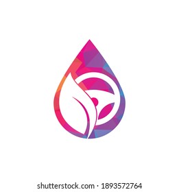 Eco steering wheel drop shape vector logo design. Steering wheel and eco symbol or icon