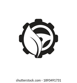 Eco steering wheel gear shape vector logo design. Steering wheel and eco symbol or icon