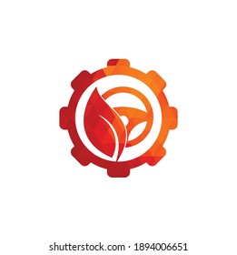 Diseño del logotipo vectorial de la forma del engranaje de la dirección ecológica. Volante de dirección y símbolo o icono ecológico