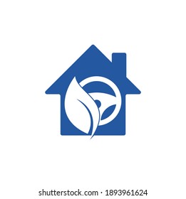 Diseño del logotipo vectorial de forma del volante de dirección ecológica. Volante de dirección y símbolo o icono ecológico
