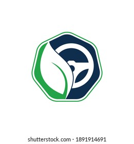 Eco steering wheel vector logo design. Steering wheel and eco symbol or icon.