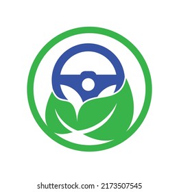 Eco steering wheel vector logo design. Steering wheel and eco symbol or icon.