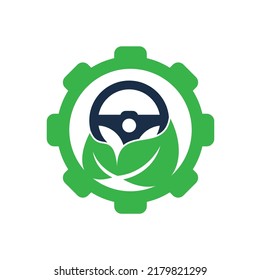 Eco steering wheel vector logo design. Steering wheel and gear shape symbol or icon.