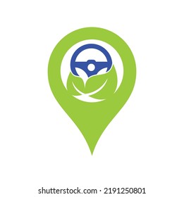 Eco steering wheel vector logo design. Steering wheel and map pin shape symbol or icon.	