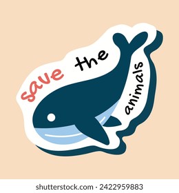 Eco sticker of colorful set. This charming sticker feature the text Save the Animals in a delightful cartoon design on a soothing pastel background. Vector illustration.
