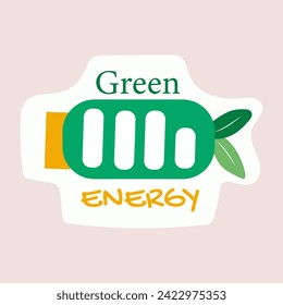 Eco sticker of colorful set. This whimsical illustration feature green energy presented in a cartoon design against a serene pastel background. Vector illustration.
