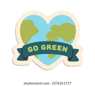 Eco sticker concept. Go green inscription with planet in heart. Natural and organic product. Template and layout. Cartoon flat vector illustration isolated on white background