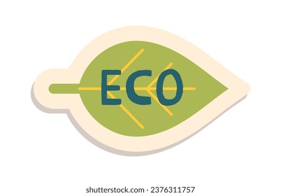 Eco sticker concept. Leaf with blue inscription. Natural and organic product. Care about nature and ecology, ecosystem. Cartoon flat vector illustration isolated on white background