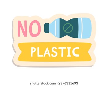 Eco sticker concept. No plastic inscription with bottle. Natural and organic product. Sticker for social networks and messengers. Cartoon flat vector illustration isolated on white background