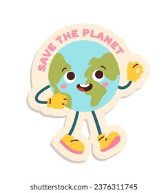 Eco sticker concept. Save planet inscription with planet. Care about nature and ecosystem. Graphic element for website. Cartoon flat vector illustration isolated on white background