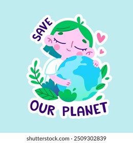 Eco adesivo com menina abraçando planeta. Ilustração colorida estilizada com globo do mundo em mãos infantis.