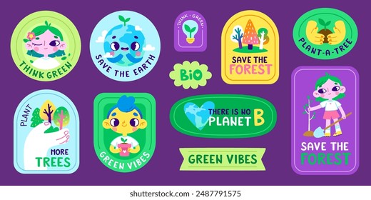 Eco sticker set about planting trees. Cartoon vector environmental sticker collection for kids.