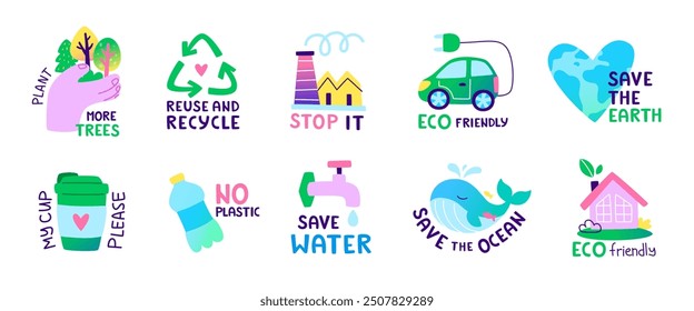 Eco sticker set. Cartoon vector ecology sticker collection. Hand drawn patch bundle about environmental conservation.