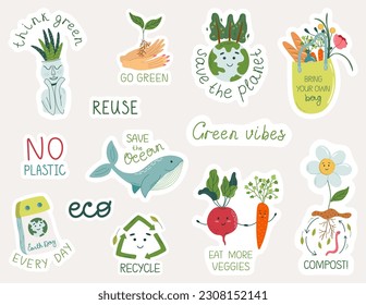 Eco sticker set. Environmental conservation concept. Motivational text and ecological symbols. Cute kawaii design element bundle. Vector illustrations.