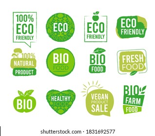 Eco sticker. Vegetarian natural healthy food labels tags for market packages fresh ecology mark products vector badges