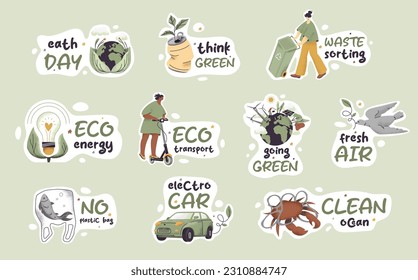 Eco stickers or badges set. Environmental badges with green city transport, sea animals, woman with trash container. Save the earth concept.