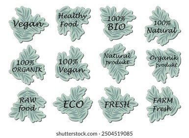 Eco stickers with leaves of vegan, bio, eco, organic, healthy food and natural products labels for labeling package, food, cosmetics, healthy life promotion, restaurant. Logo. Hand drawn doodles