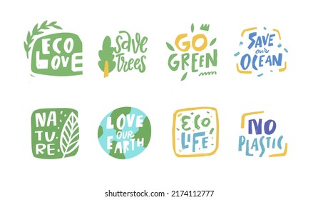 Eco stickers lettering phrases set. Hand drawn colorful cartoon style. Vector doodle illustration text.