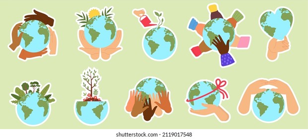 Eco stickers. People hold earth, nature climate change and ecology problen on planet badges. Protect environment together, decent vector labels