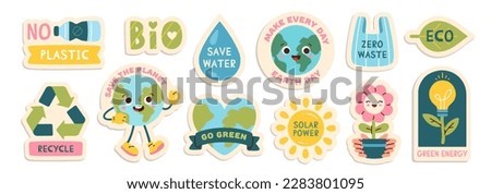 Eco stickers set. Caring for nature and environment. Recycle, save water and planet, stop plastic. Green energy and solar power. Cartoon flat vector illustrations isolated on white background Foto stock © 