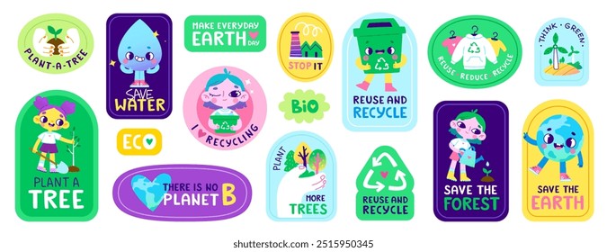 Eco stickers set. Vector cartoon badge bundle about environment conservation for kids.