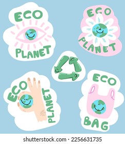 Eco stickers. Sticker with planet, hands, bag, flower. Set with stickers.