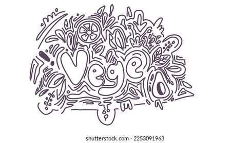 Eco store logo, organic food market symbol, icon, vege, fruits brand grocery. Vector lettering Vege with doodle.
